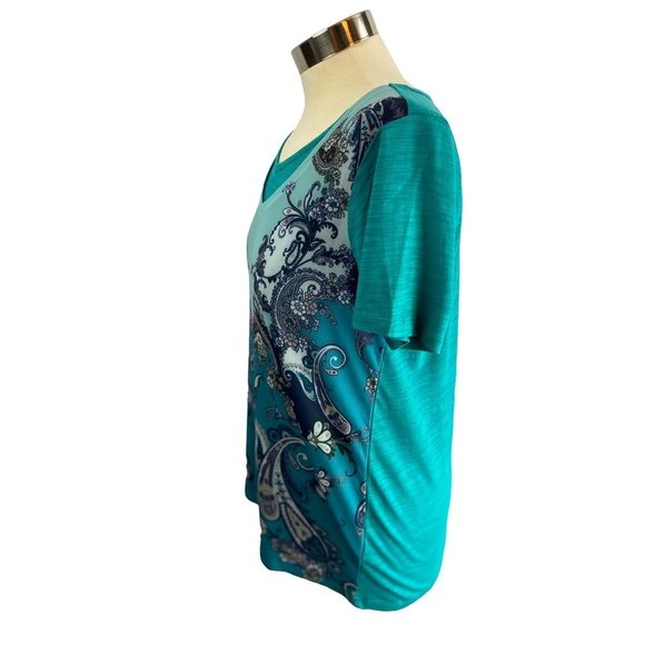 XS DG2 Diane Gilman Women's Teal V-Neck Mesh Paisley Overlay Short Sleeve Tshirt - Picture 5 of 7